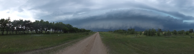 approaching supercell with shelf cloud Pipestone, Manitoba Canada