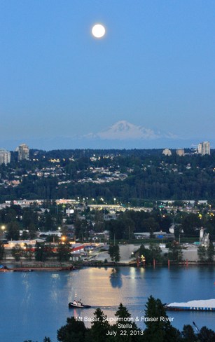 The Mt Baker, the supermoon and the Fraser River New Westminster, British Columbia Canada