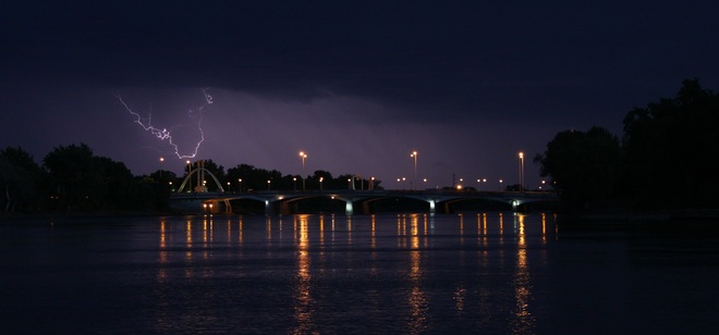 Lightining over the Main Street Bridge Winnipeg, Manitoba Canada