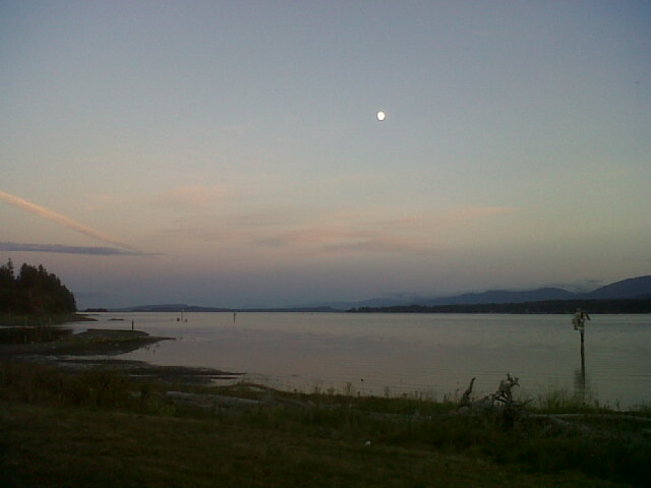 Moon, pinkish sky, water. Courtenay, British Columbia Canada