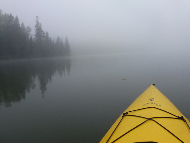 misty morning kayak ride Killaloe, Ontario Canada