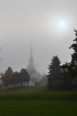 Foggy morning on campus Wolfville, Nova Scotia Canada