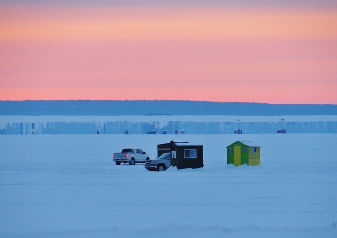 Ice-fishing huts on open water?? North Bay, Ontario Canada