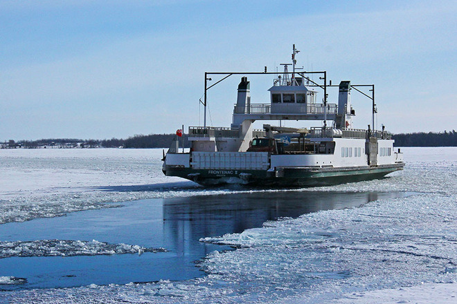 Amherst Island ferry - the ice-choked channel closes in Amherstview, Ontario Canada