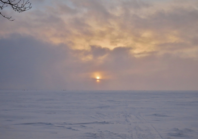 This evening's sunset shrouded in snow. North Bay, Ontario Canada