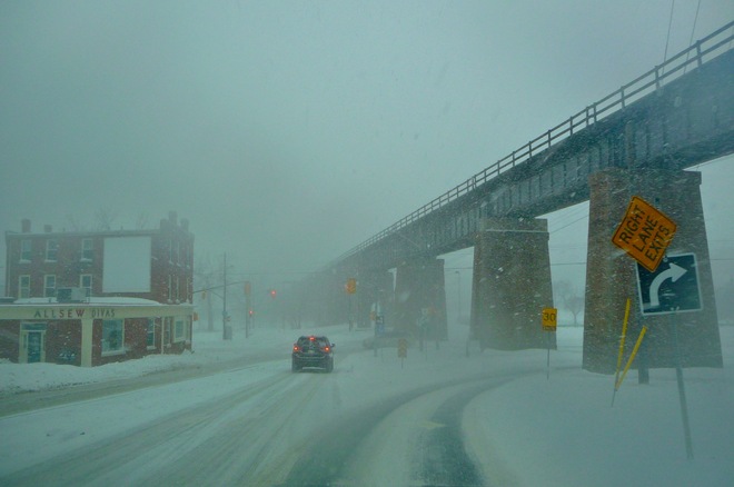Blowing snow whiteout conditions this afternoon. Port Hope, Ontario Canada