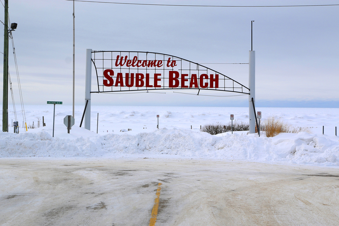 Famous "Sauble Beach" Sign in the winter Sauble Beach, Ontario Canada