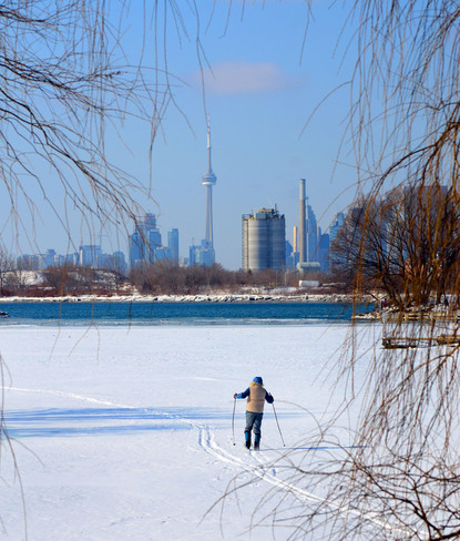 Cross country skiing in the shadow of the CN Tower Toronto, Ontario Canada
