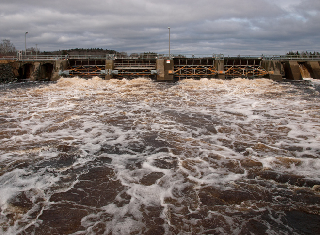 all four floodgates open - Tusket Falls dam Tusket, Nova Scotia Canada
