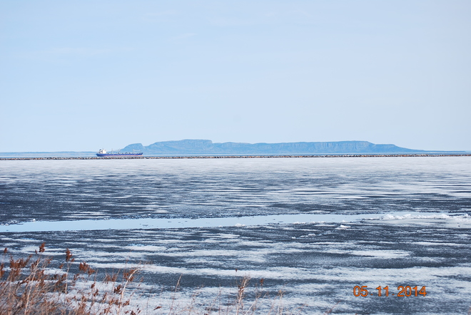 ship in front of the sleeping giant Marina Park, Thunder Bay, ON