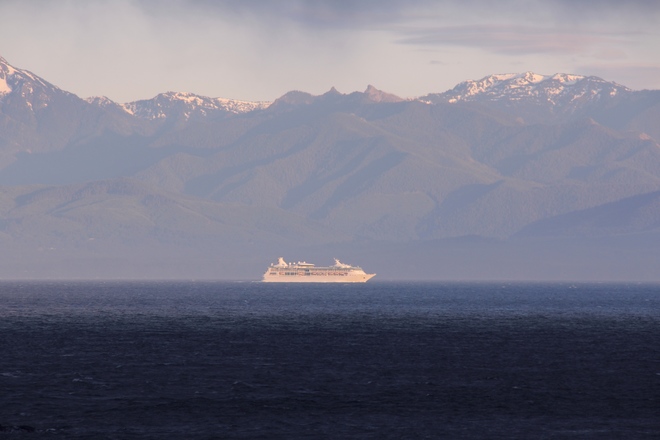 cruise ship leaving Ogden point - overlooking secretary island. Silver Spray Drive, Sooke, BC V9Z 1A8, Canada