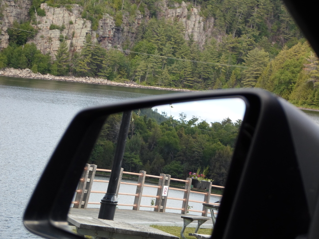 Side Mirror/Flower Planter/Rocks across Water E.L. Elliot Lake, Ontario Canada