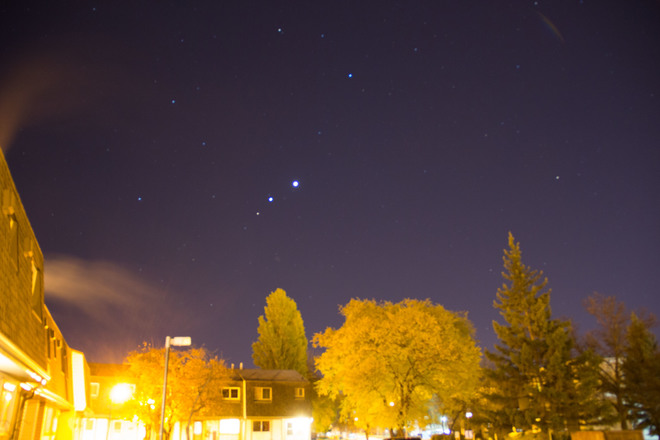 Jupiter (on right)Venus(left and a little lower)and Mars(atad left and lower yet Winnipeg, MB