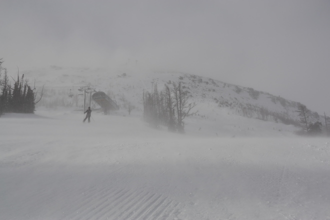 Windy Saturday slopes at Nakiska Nakiska Ski Resort, Mount Allan Drive, Kananaskis, AB