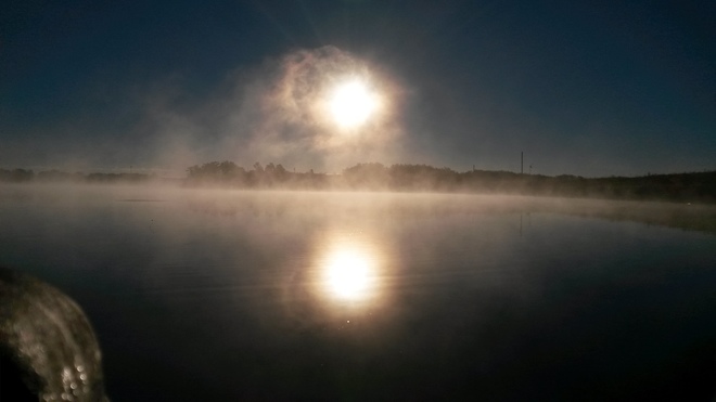 Foggy morning at maryjane reservoir cont' Morris, Manitoba
