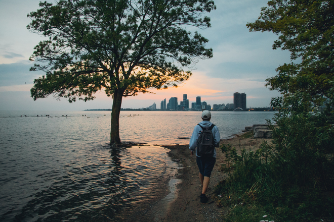 Walking along lakeshore Lake Shore Boulevard West, Toronto, ON