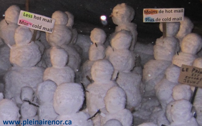 Manifestation de bonhommes et bonnefemmes de neige depuis le 14 mars 2018 Granby, Québec