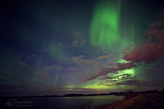 Lady Aurora Dancing over Melville Resevoir Calm Waters Melville, SK