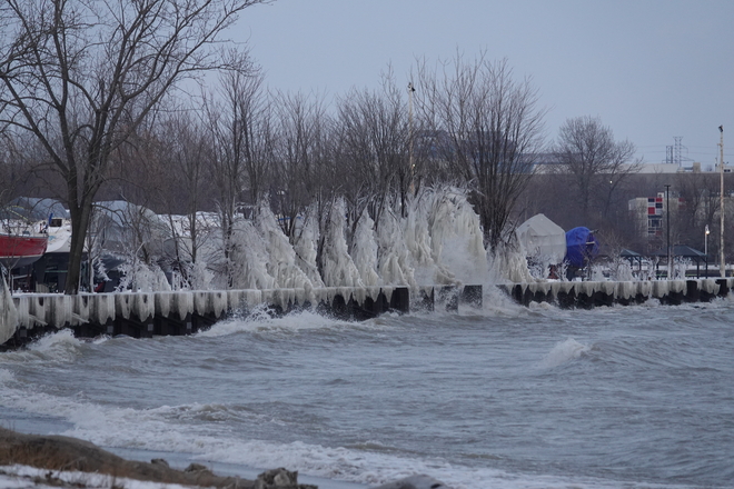 Splashcicles along Lake Ontario shore from heavy wave action while sub zero C. Whitby Harbor, ON