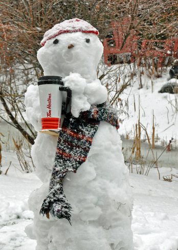 Snowman gets a Timmies. Cobourg, ON