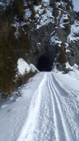 La Virée de Charlevoix; une piste qui s'engouffre dans un tunel. Saint-Irénée, QC