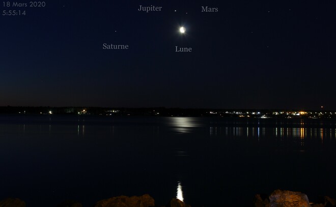 Alignement Lune, Jupiter, Mars et Saturne 18 Mars 2020 Trois-Rivières, QC