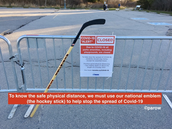 A hockey stick as a measurement during Covid 19 Colonel Samuel Smith Park Drive, Etobicoke, ON