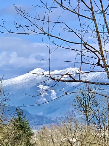 Spring snowfall on the mountains. Abbotsford, British Columbia, CA