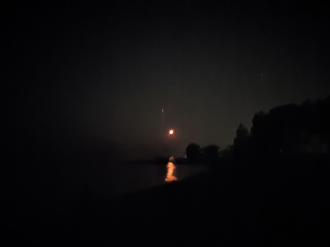 Moon, Jupiter and Saturn through Forest Fire smoke Thornbury, Clarksburg, The Blue Mountains, Ontario