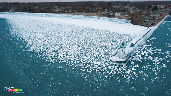 Ice Disks formed on the shore of Lake Erie at Port Dover. Port Dover, ON