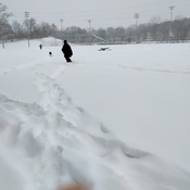 People making Path thru Park in the knee high snow.