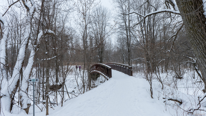 Passerelle pour piétons en hiver Parc des Saules, Québec, QC