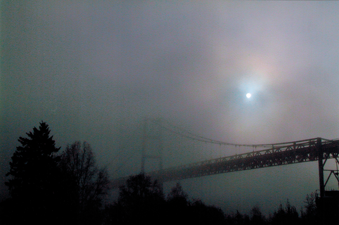 Early morning fog at the Dunvegan Bridge W99R+HG Dunvegan, AB, Canada