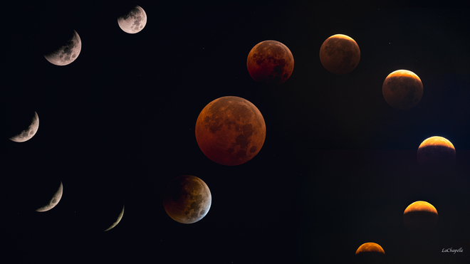 Composite image of the November 8, 2022 total lunar eclipse. Sudbury, ON