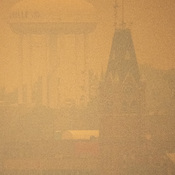 Downtown Belleville Ontario through smoky skies