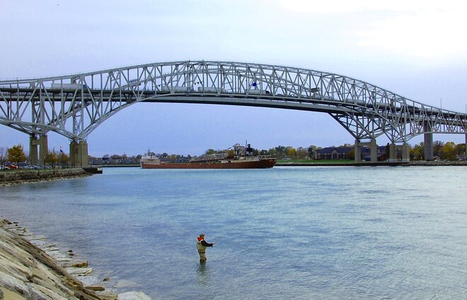 Great Lakes Freighter Under the Bluewater Twin Bridges Sarnia, ON