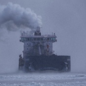 Algoma Mariner yesterday morning in seasmoke, snow, and ice...
