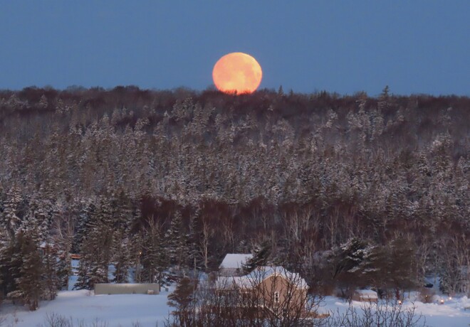 Snow Moon setting Little Bras D'or, Nova Scotia
